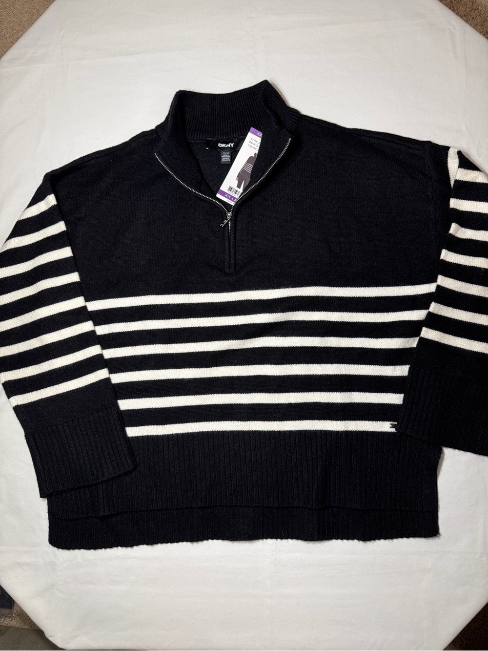 DKNY Women’s Black & White Quarter-Zip Striped Sweater